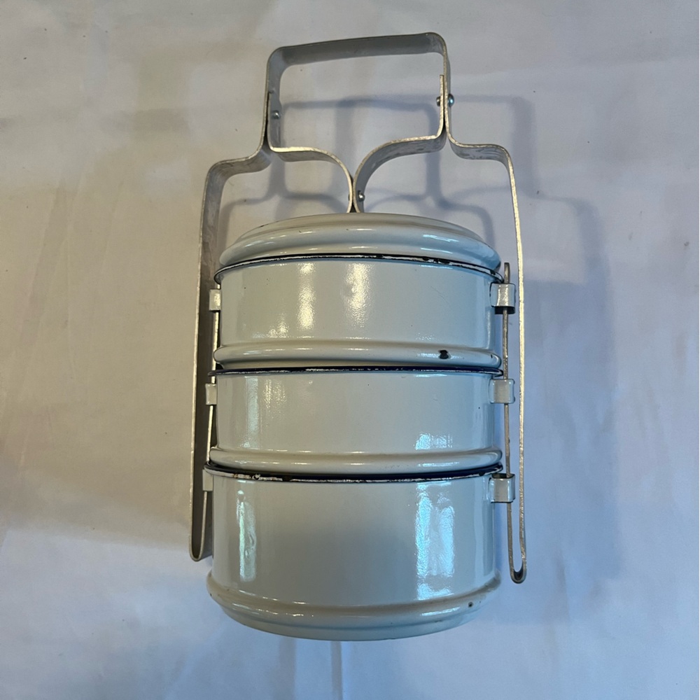 Vintage White Enamelware Stackable Food Carrier 1950's Camping